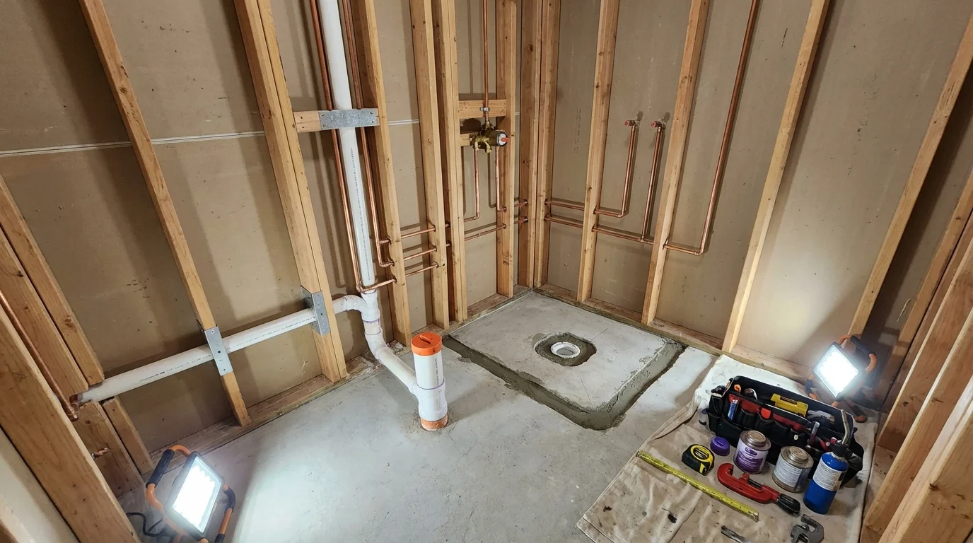 Bathroom rough-in plumbing during remodel by Johns Plumbing LLC in Hyannis