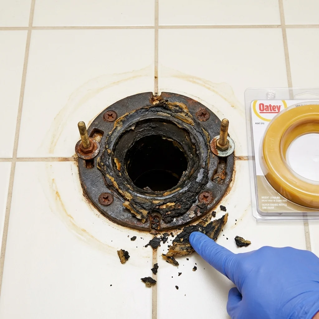Failed wax ring showing water seepage at the base of a toilet in a Hyannis, MA home