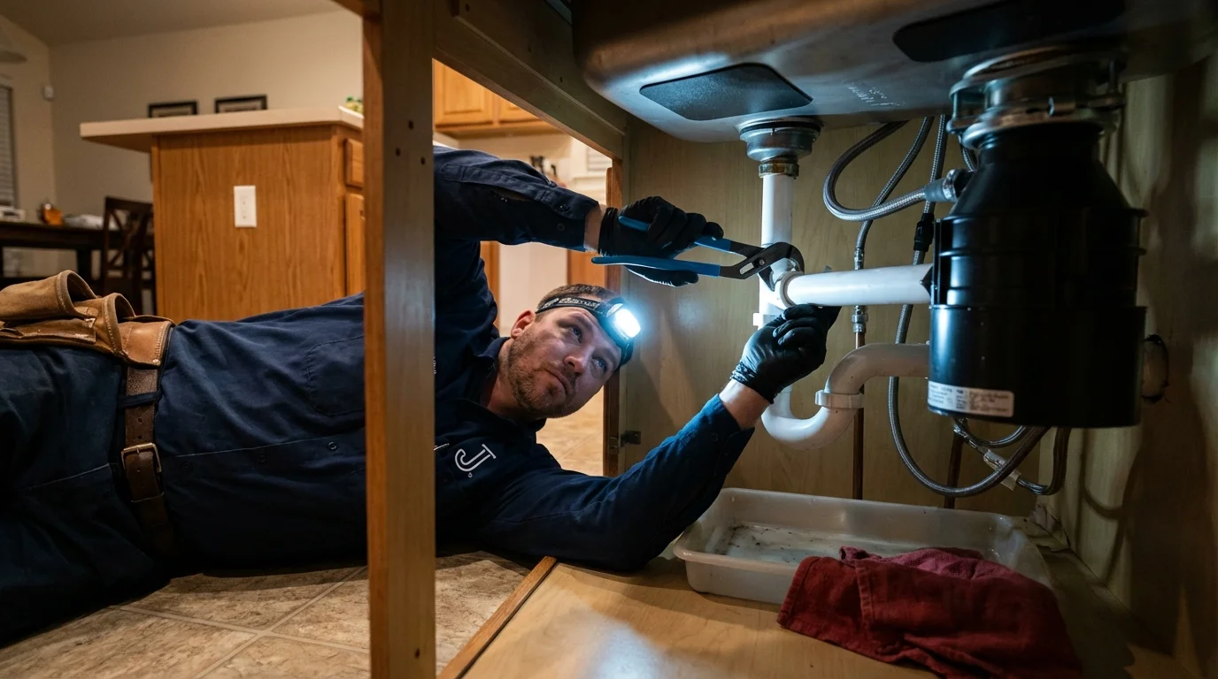 P-trap and supply line connections under a kitchen sink showing a common leak point in Hyannis, MA